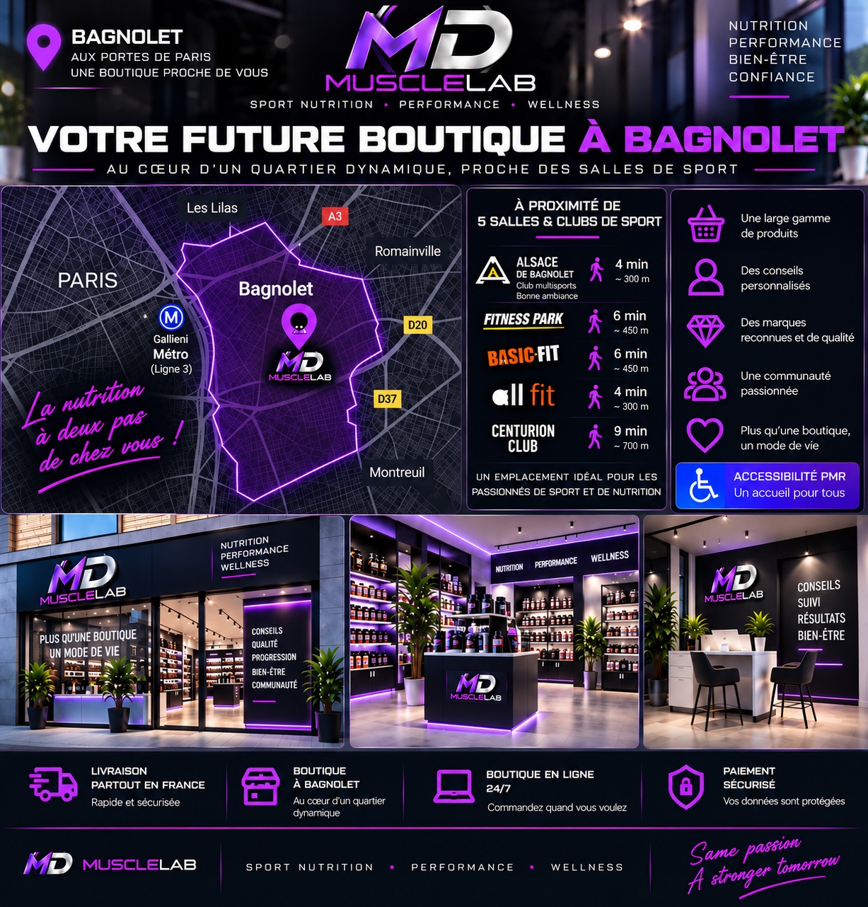 Localisation du projet MDMuscleLab à Bagnolet, proche de cinq salles et clubs de sport et du métro Gallieni ligne 3
